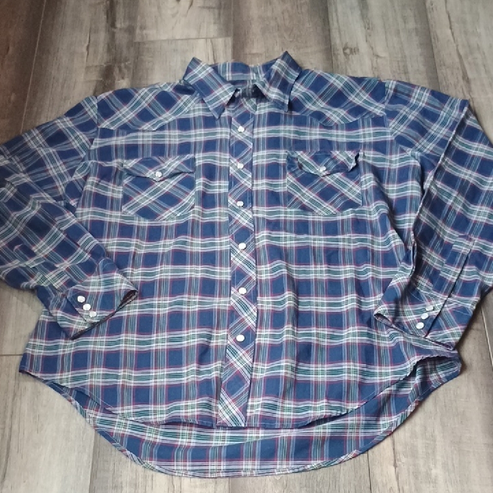 Men's Blue and Green Plaid Western Shirt With Snaps Cowboy Shirt Vintage